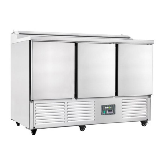 3 Door Refrigerated Salad Prep Counter with Stainless Steel Lid and Worktop - 346L (PS300)