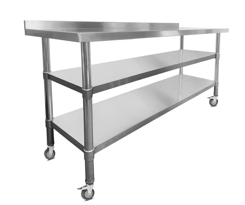Stainless Steel Wall Prep Table - 2 Shelves - Castors - 1800x600x900mm