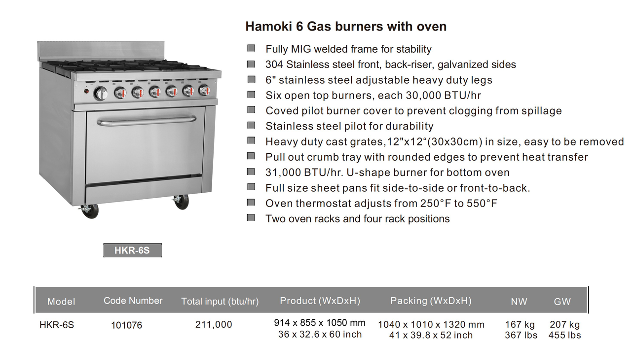 Hamoki Gas Range 6 Burner with Oven HKR-6S