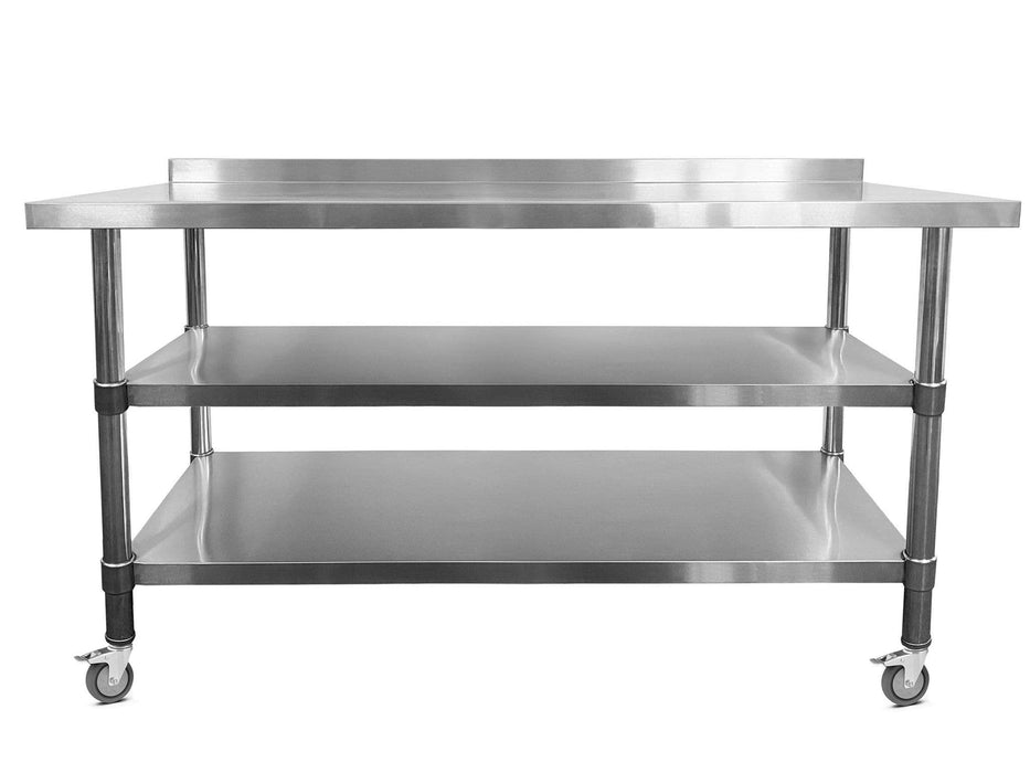 Stainless Steel Wall Prep Table - 2 Shelves - Castors -  1500x600x900mm